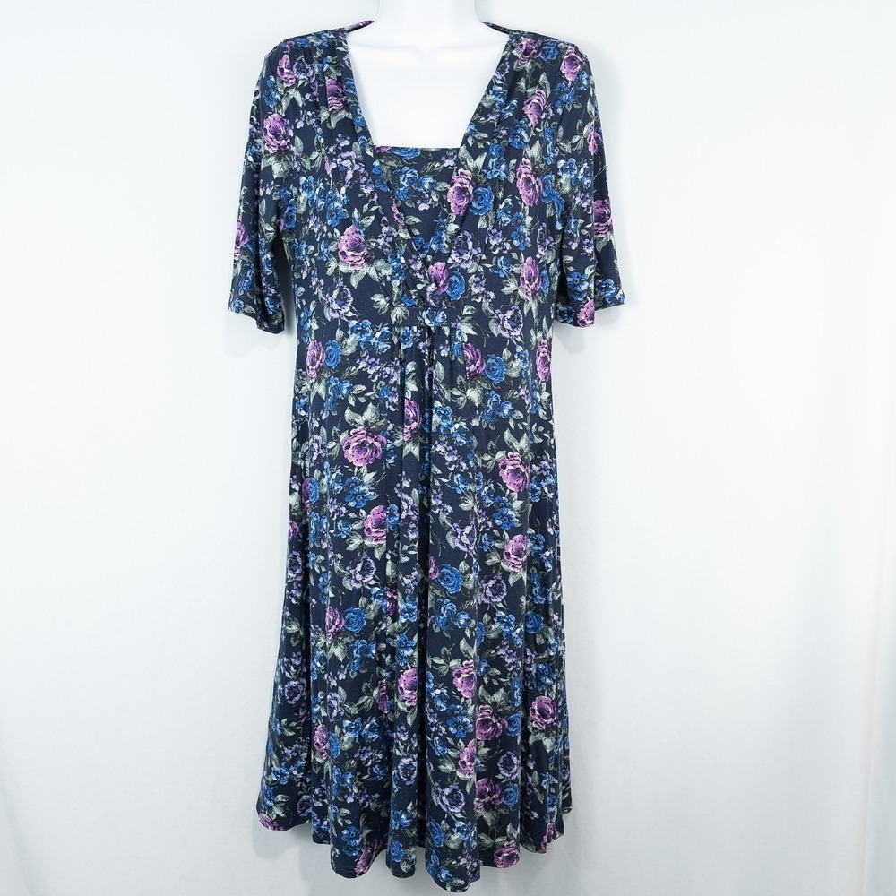 Garnet Hill Amelie Knit Dress Small Floral Knee Length Modest Blue Purple Lined